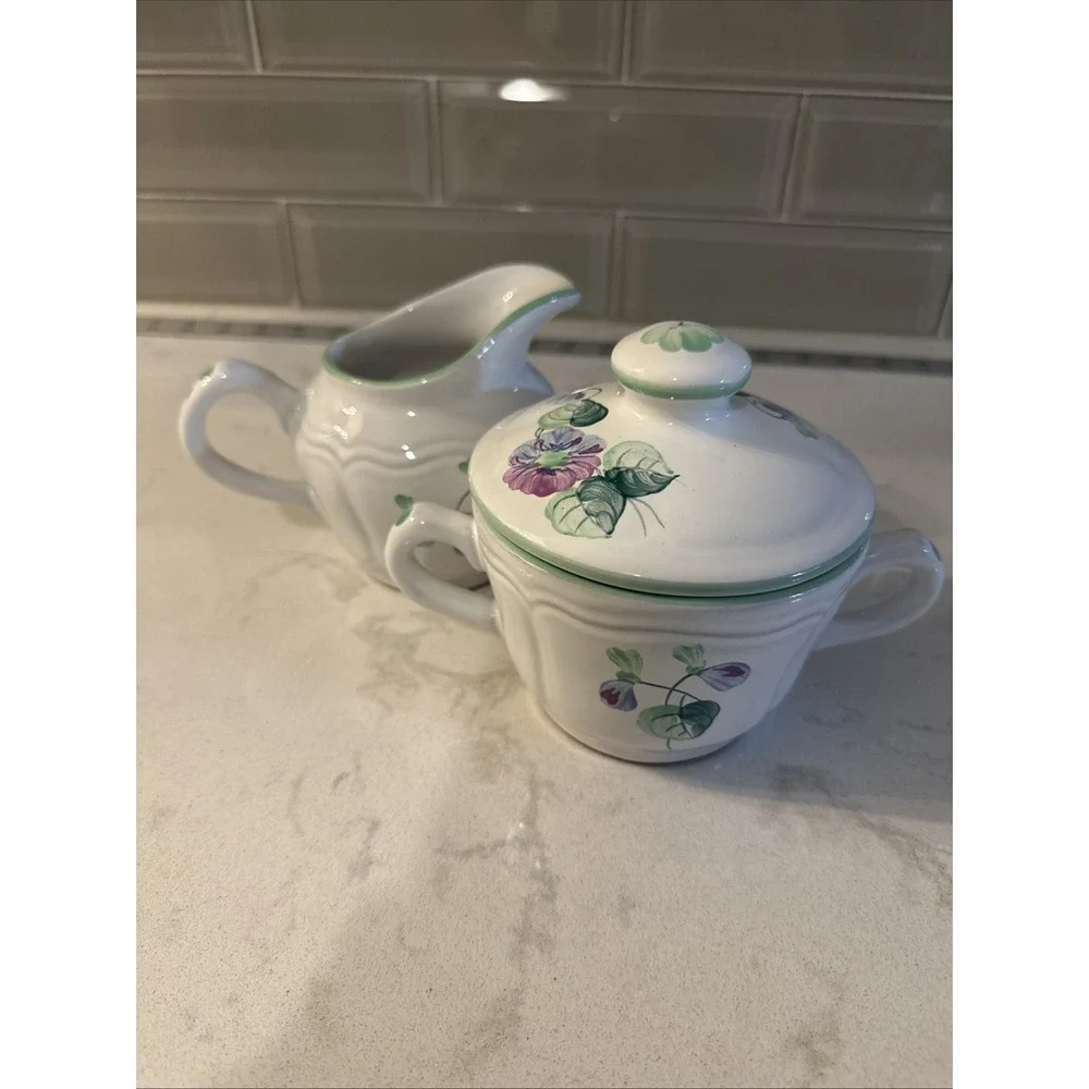 Herend Village Pottery Made In Hungary VIOLETS Pattern Sugar & Creamer Set‎